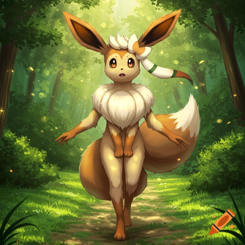 An anthropomorphic Eevee-like creature with a fluffy collar and tail walks on a path in a sunlit forest.