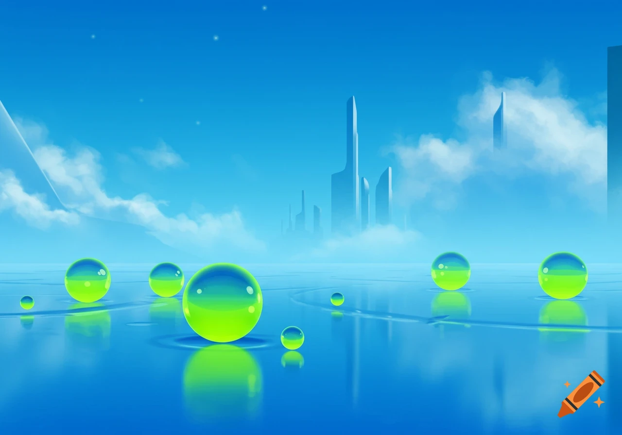 Frutiger aero landscape featuring vibrant green and blue spheres on a reflective surface, with futuristic city buildings in a hazy blue sky.