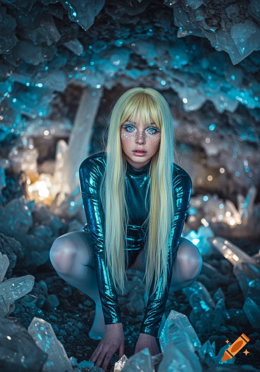 A girl with long blonde hair, glittery blue eye makeup, and a metallic blue outfit crouches in a luminous crystal cavern.