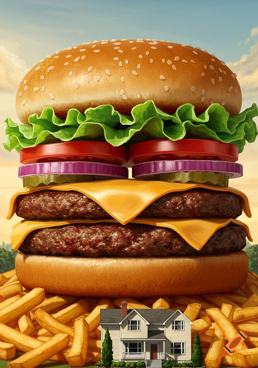 A giant, colorful beef burger with lettuce, tomatoes, onions, pickles, and cheese, towering over a small house, surrounded by golden french fries.