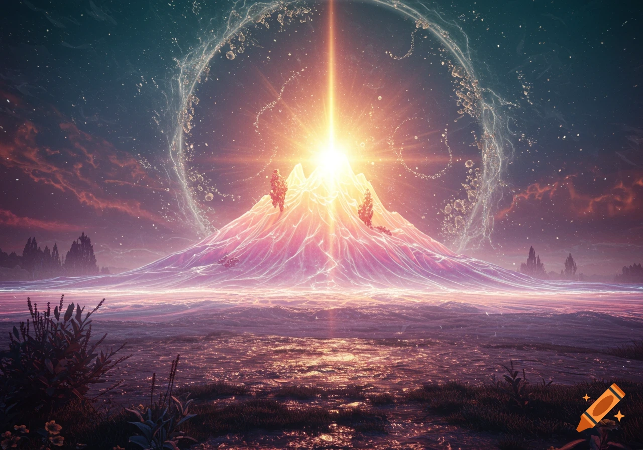 A vibrant, ethereal landscape with a glowing pink mountain emitting a bright light beam under a starry sky with cosmic rings, reflected on water.