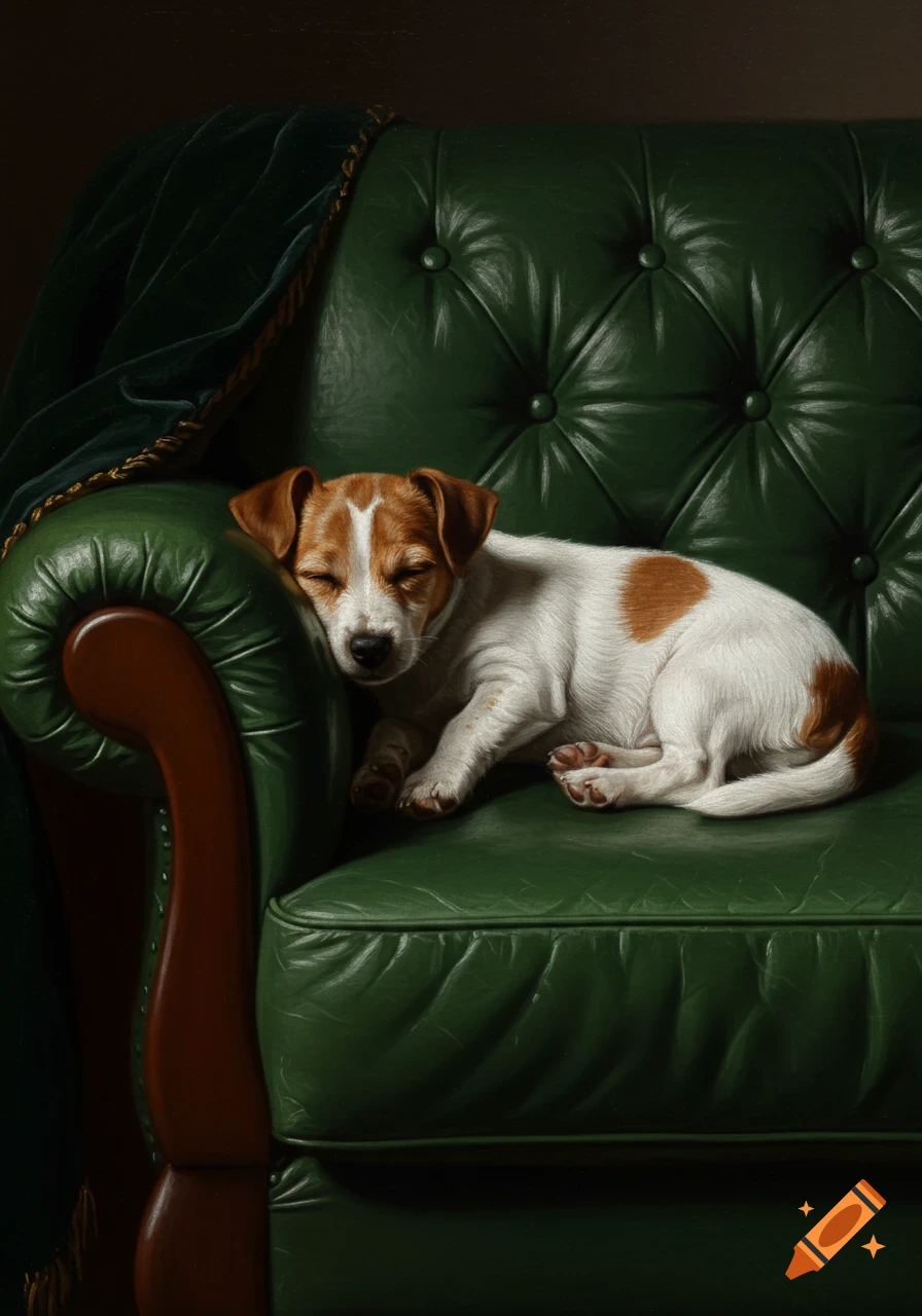 A detailed painting of a Jack Russell puppy napping peacefully on a tufted green leather couch.