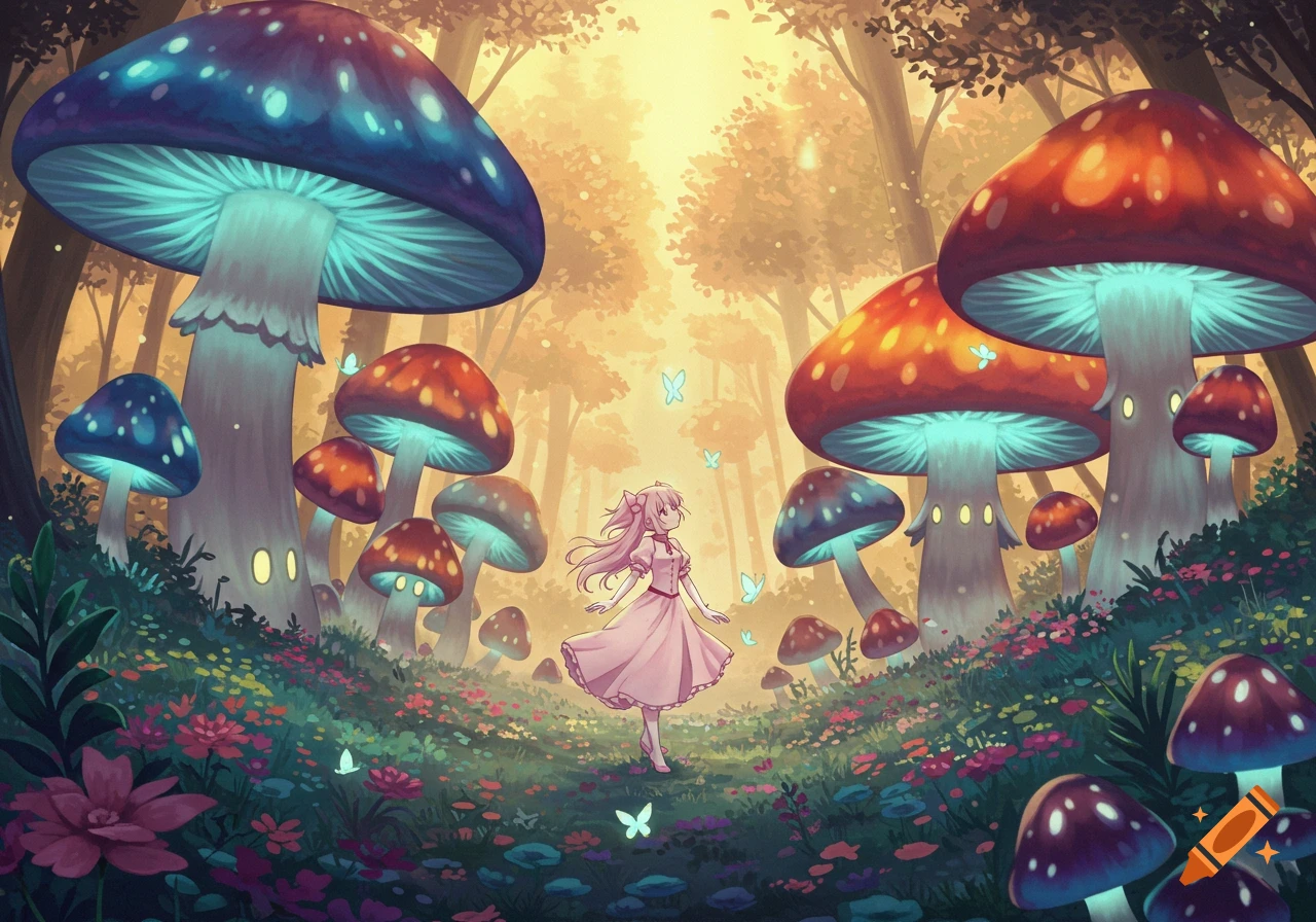 An anime girl in a pink dress stands in a magical forest surrounded by glowing blue and red mushrooms, flowers, and butterflies.