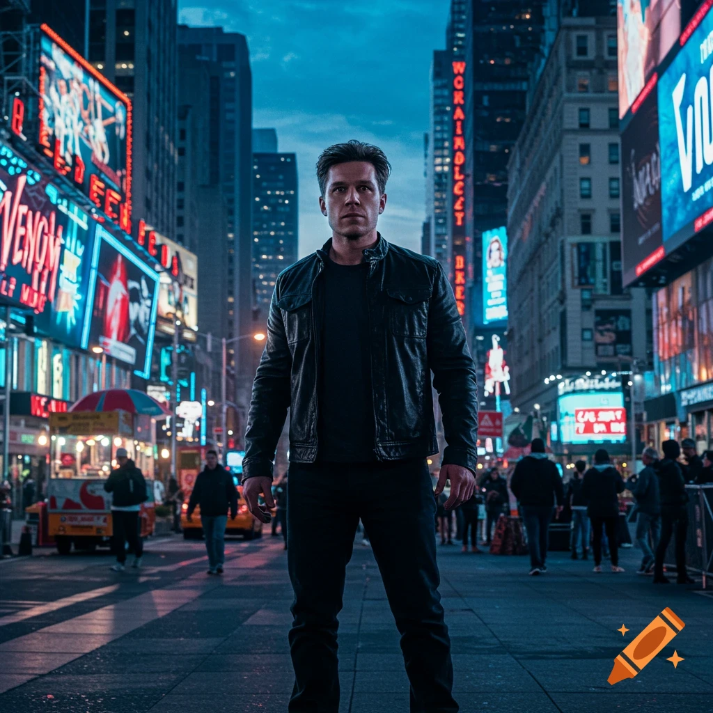 A man resembling Eddie Brock/Sebastian Stan stands in the middle of a dark New York City street at night, surrounded by neon signs.