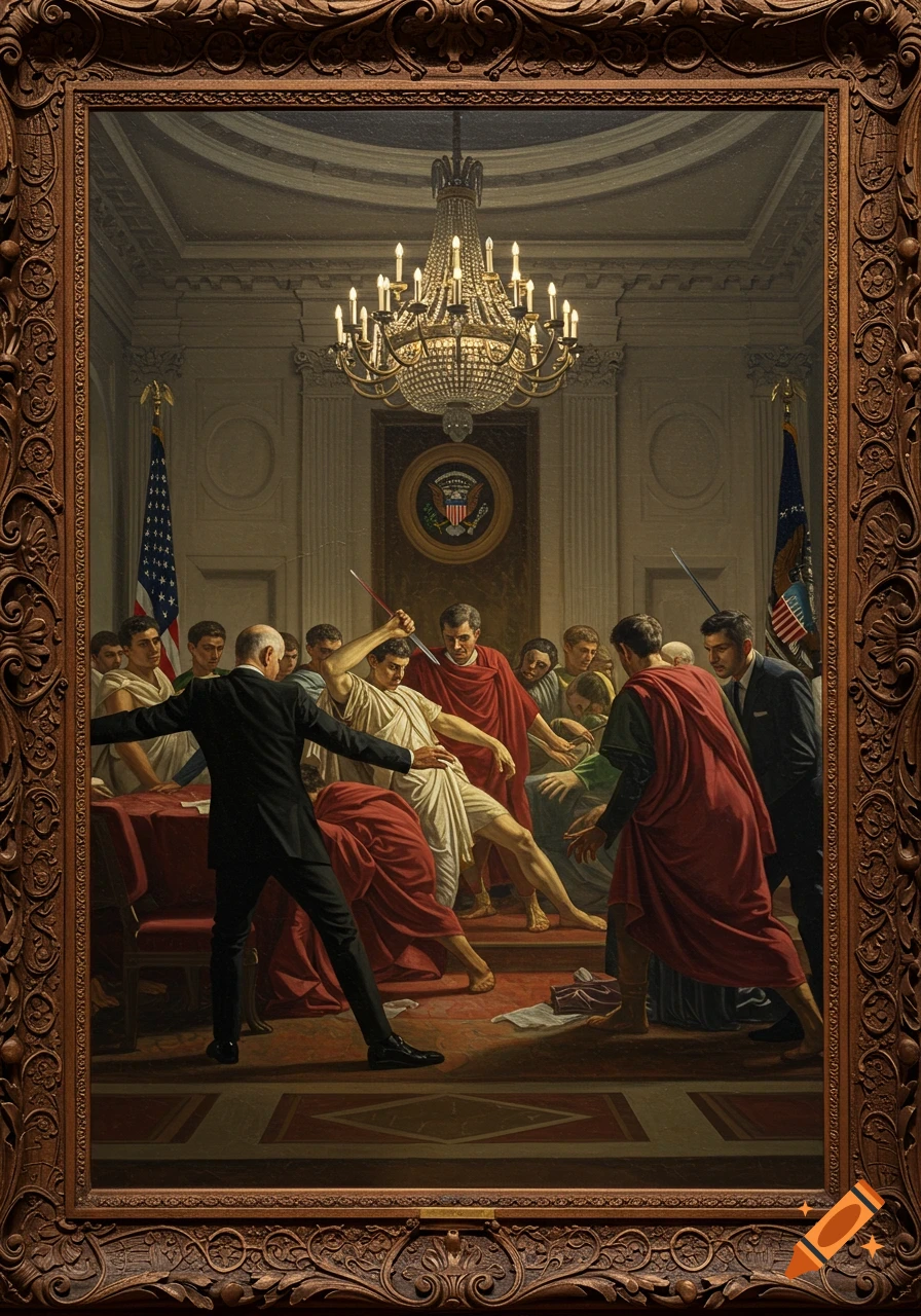 A classical oil painting depicts Julius Caesar's assassination set in the White House. A man in a suit tries to intervene as men in togas stab another man on a table. Ornate frame.