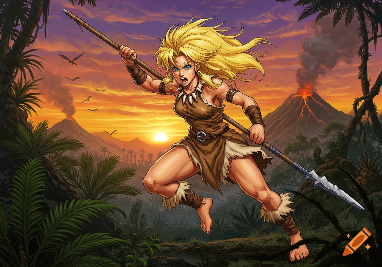A fierce blonde warrior woman in tribal attire, holding a spear, leaps through a prehistoric jungle with volcanoes and sunset.