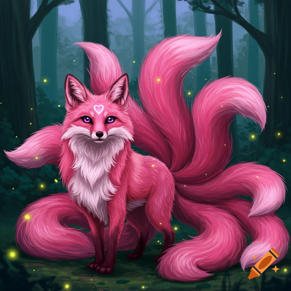 A vibrant pink nine-tailed fox with purple eyes and a white heart mark on its forehead stands in a dark, magical forest with glowing specks, in an illustrative style.