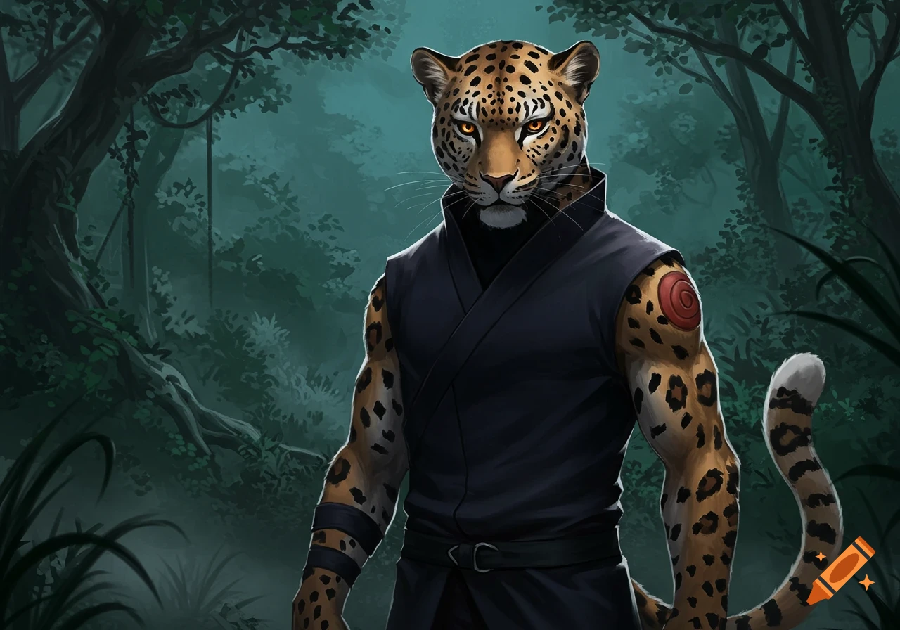 An anthropomorphic leopard character in a dark ninja-like outfit stands in a misty, dark jungle. Anime art style.