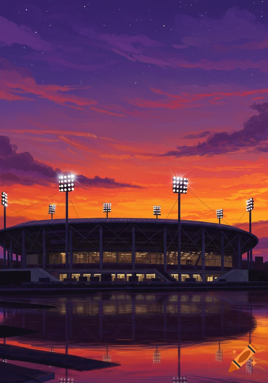 Vibrant illustration of a sports stadium with floodlights on, reflecting in water against a fiery sunset sky.