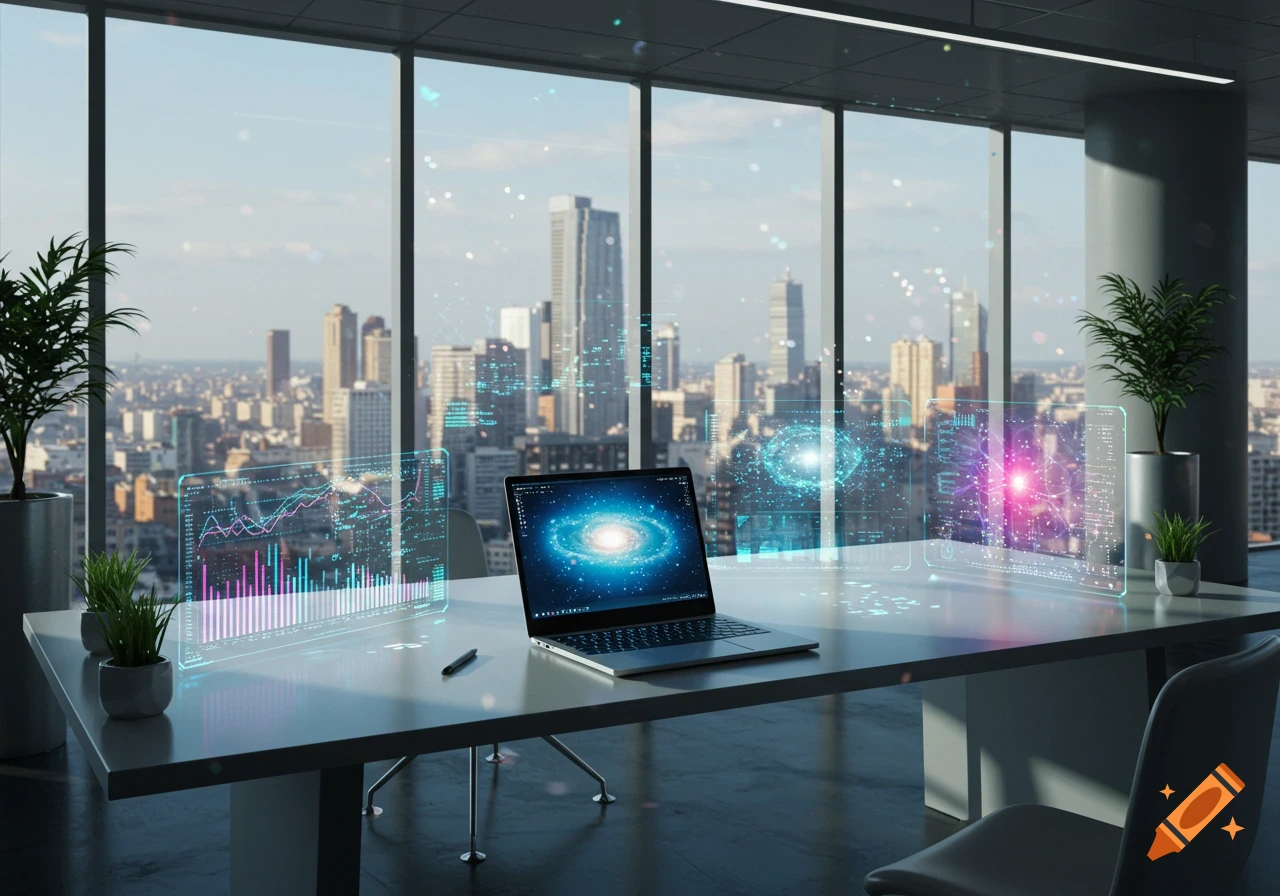 A laptop on an office desk with holographic displays showing data, overlooking a city skyline through large windows.