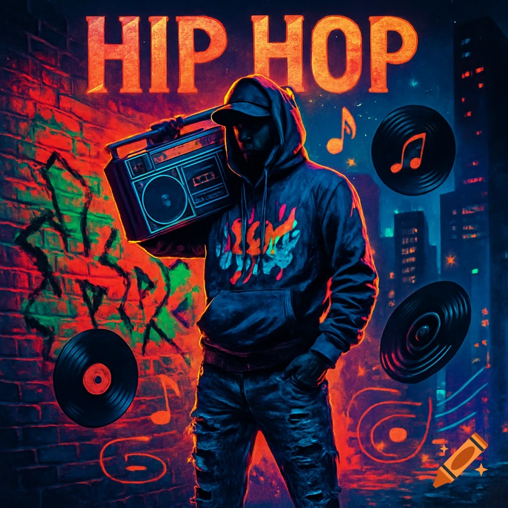 Neon-lit, stylized image of a person in a hoodie holding a boombox, with 'HIP HOP' text, records, and graffiti on a brick wall in an urban setting.