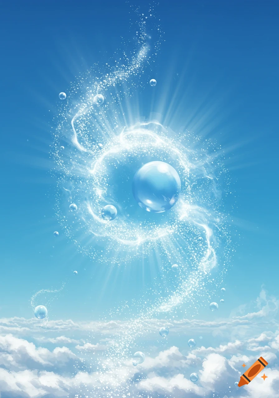 A glowing blue orb surrounded by swirling light and bubbles in a vibrant blue sky with white clouds below.