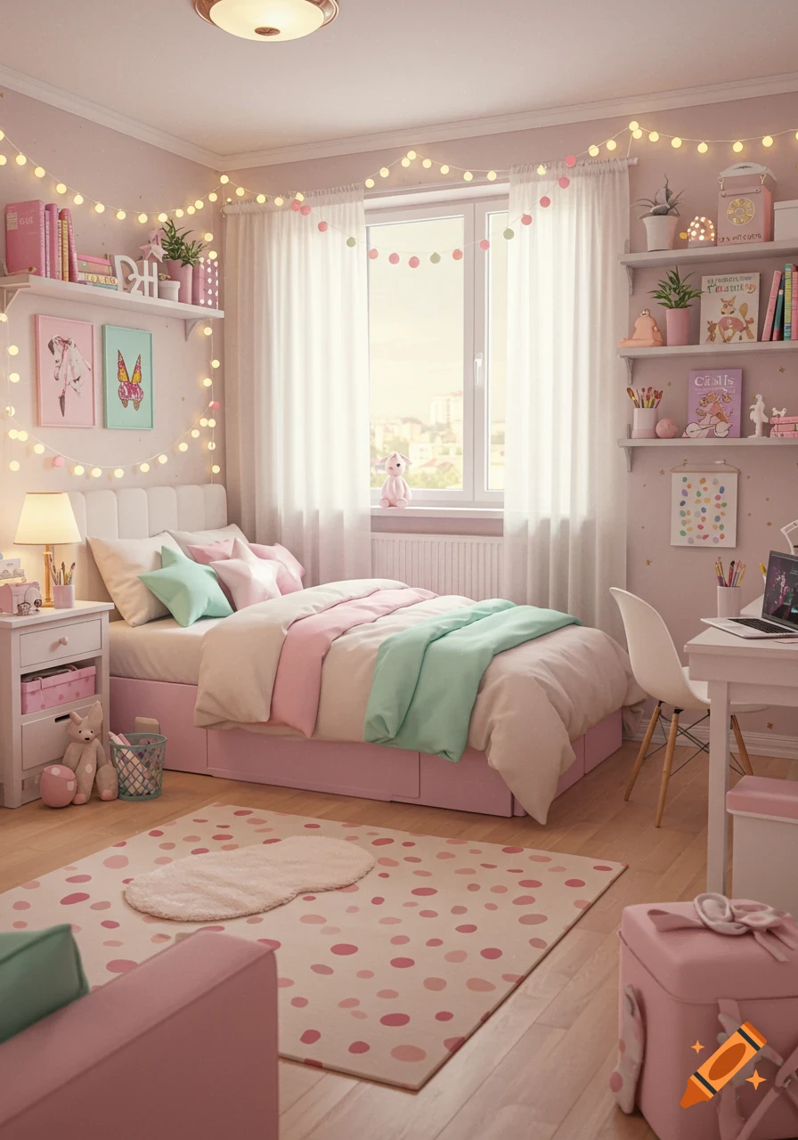 A cute and cozy modern girl's bedroom decorated in pink and mint green, with string lights, shelves, a desk, and a large window.