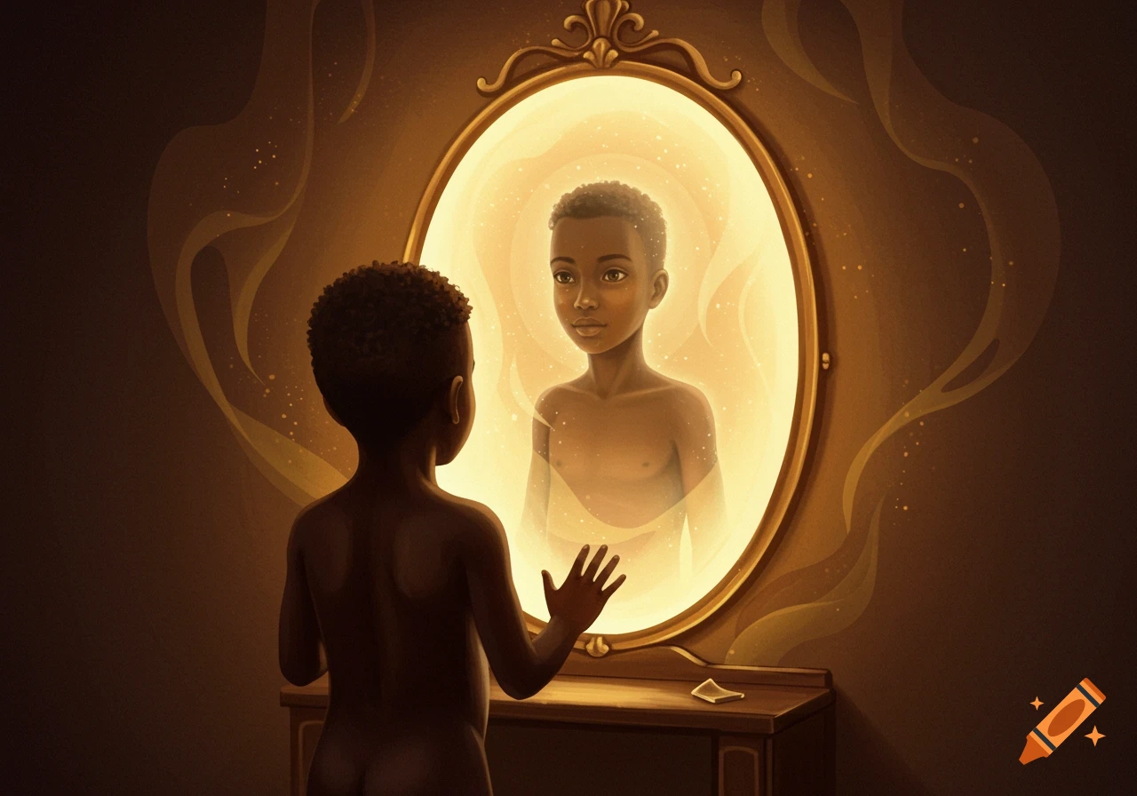 A child with dark skin stands with their back to the viewer, looking into a glowing mirror. Their radiant, confident reflection, with soft features, shines back in a symbolic painting style.