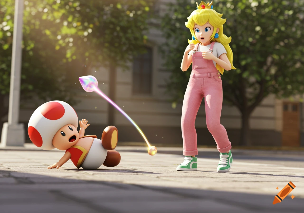 3D render of Toad tripping on a sidewalk, dropping a rainbow pearl, while Princess Peach watches with surprise.