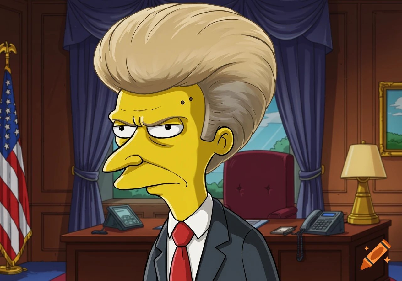 A Simpsons-style cartoon of Mr. Burns with Donald Trump's blonde hair, looking stern in an office with an American flag.