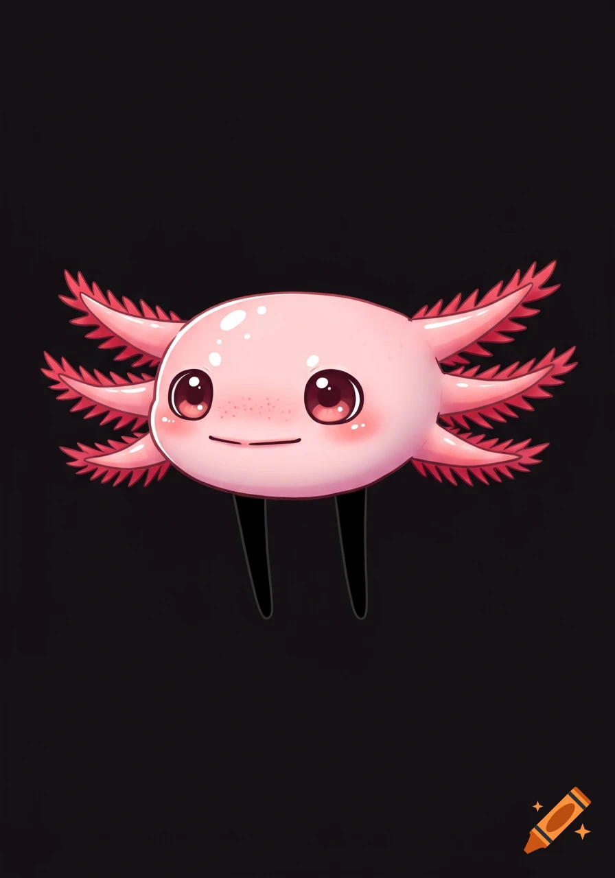 A cute, pink cartoon axolotl head with large eyes and dark pink frills attached to two black legs, on a black background.
