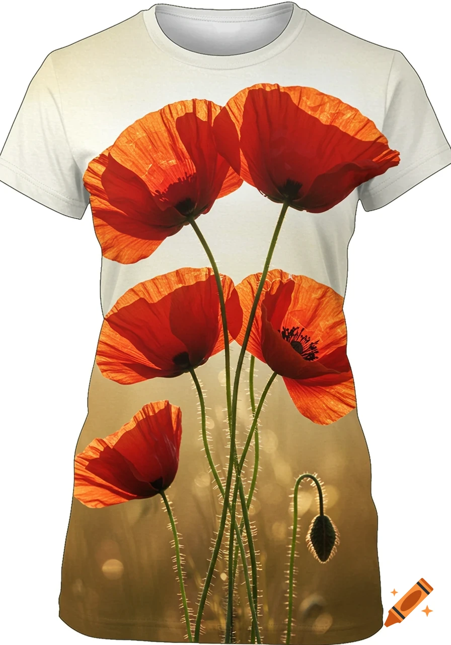 A white t-shirt with a vibrant design of multiple red poppies and long green stems against a softly lit, golden background.
