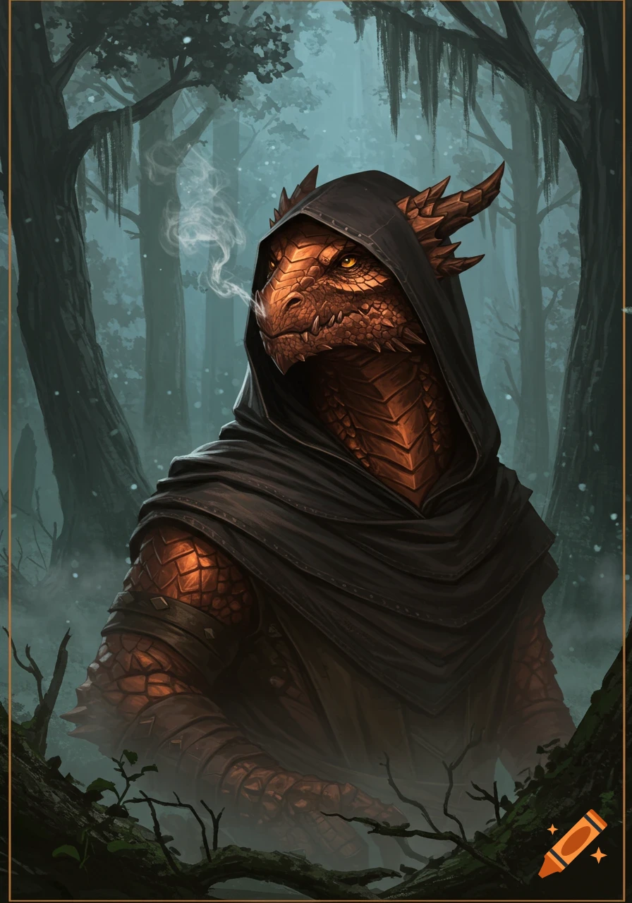 A detailed digital painting of a hooded copper dragonborn exhaling smoke in a misty forest.