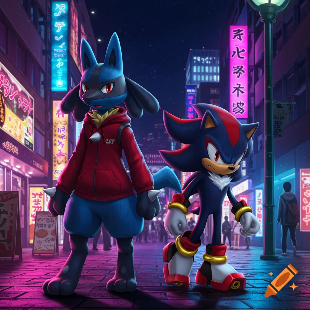 Lucario in a red hoodie and Shadow the Hedgehog walk down a neon-lit Tokyo street at night, illuminated by bright signs.