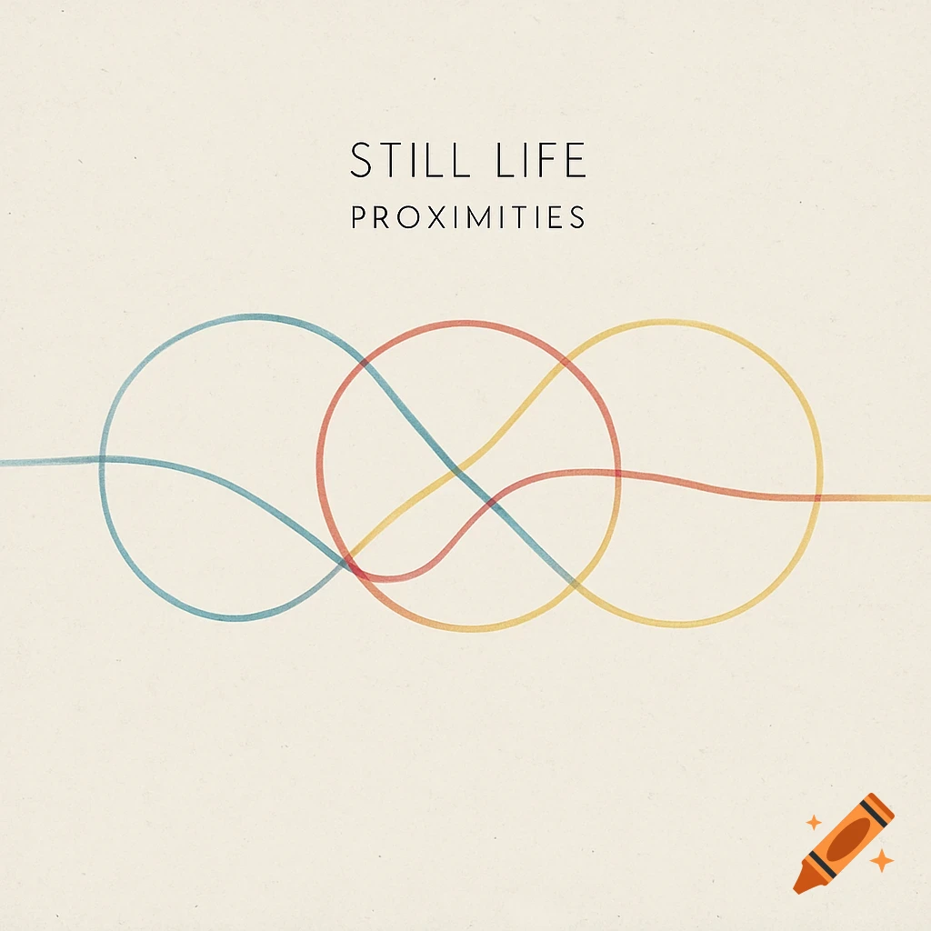 Minimalist album cover with overlapping blue, red, and yellow circles and lines on a beige background, text 'STILL LIFE' and 'PROXIMITIES'.