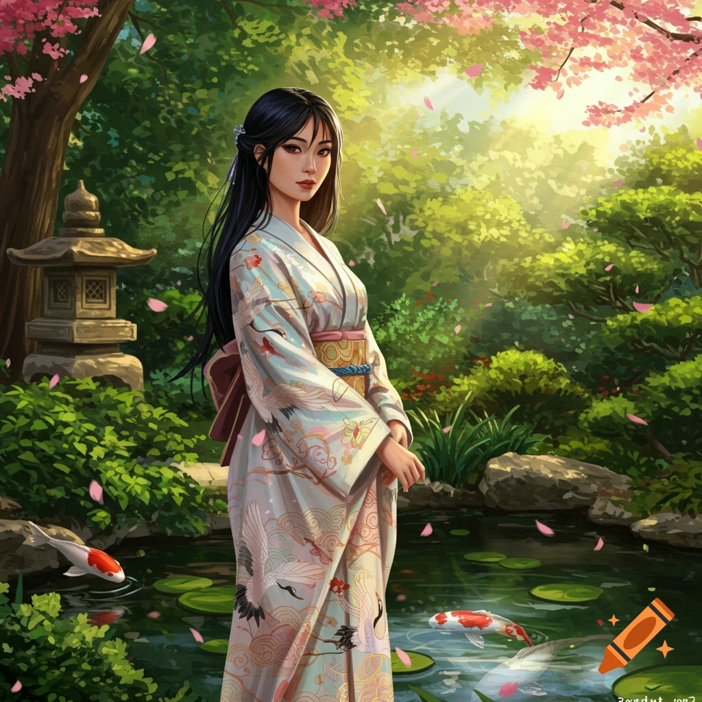 A woman in a beautiful kimono stands in a lush Japanese garden with cherry blossoms, a pond, and koi fish, digital art.