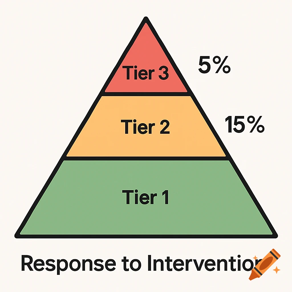 A triangular graph showing a Response to Intervention model. The bottom green section is Tier 1, the middle orange section is Tier 2 with 15%, and the top red section is Tier 3 with 5%.
