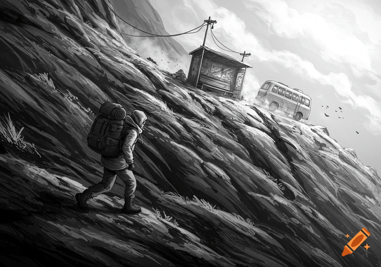 Black and white sketch of a backpacker hiking a steep mountain past a bus stop, with a bus in the distance under a cloudy sky.