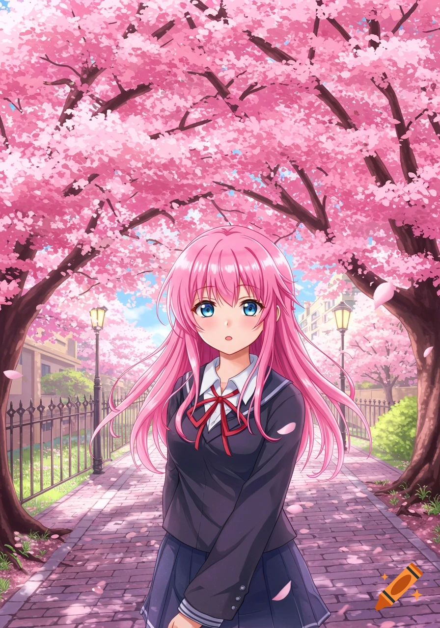 Anime girl with pink hair and blue eyes in a school uniform stands on a brick path under vibrant pink cherry blossom trees.