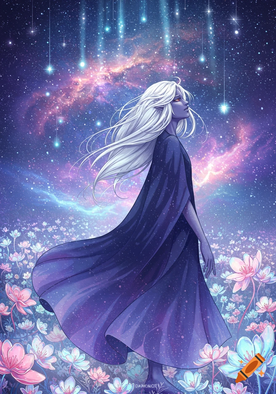 Elf-like figure with white hair and dark gown in a field of glowing flowers under a starry galaxy sky. Illustration.