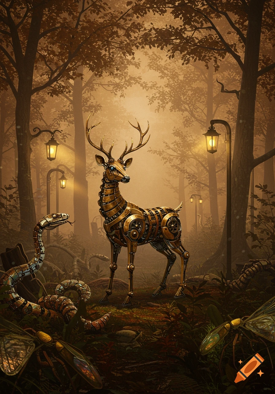 A steampunk deer and snake stand in a glowing, golden-lit forest with lampposts and luminous insects.