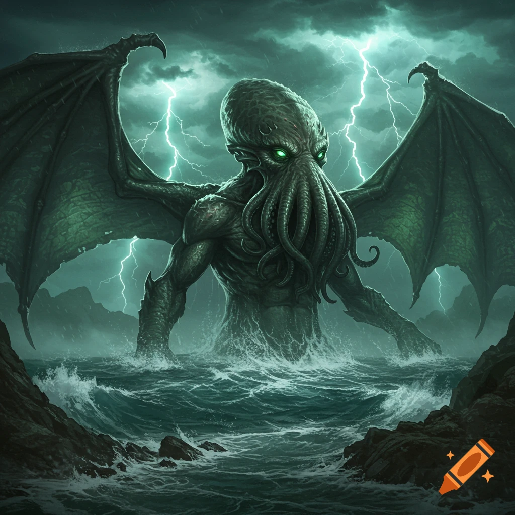 A colossal Cthulhu with an octopus head and large wings rises from a stormy sea under a lightning-filled sky.