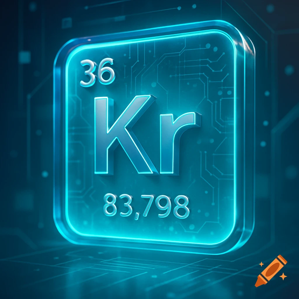 A glowing, futuristic block displaying the chemical element Krypton (Kr) with atomic number 36 and atomic weight 83.798, on a circuit board background.