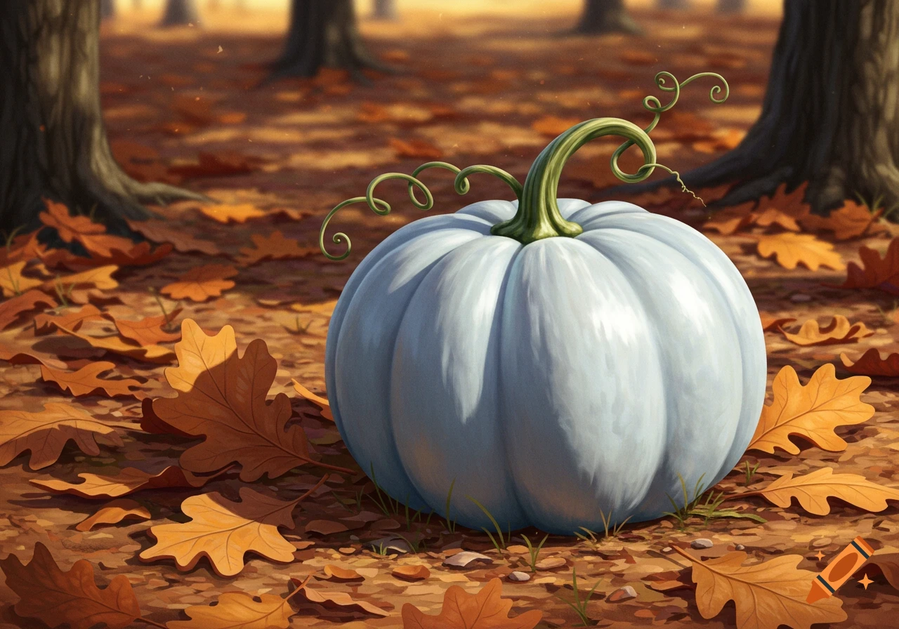 A light blue pumpkin with green vines sits among orange and brown autumn leaves on a forest floor.