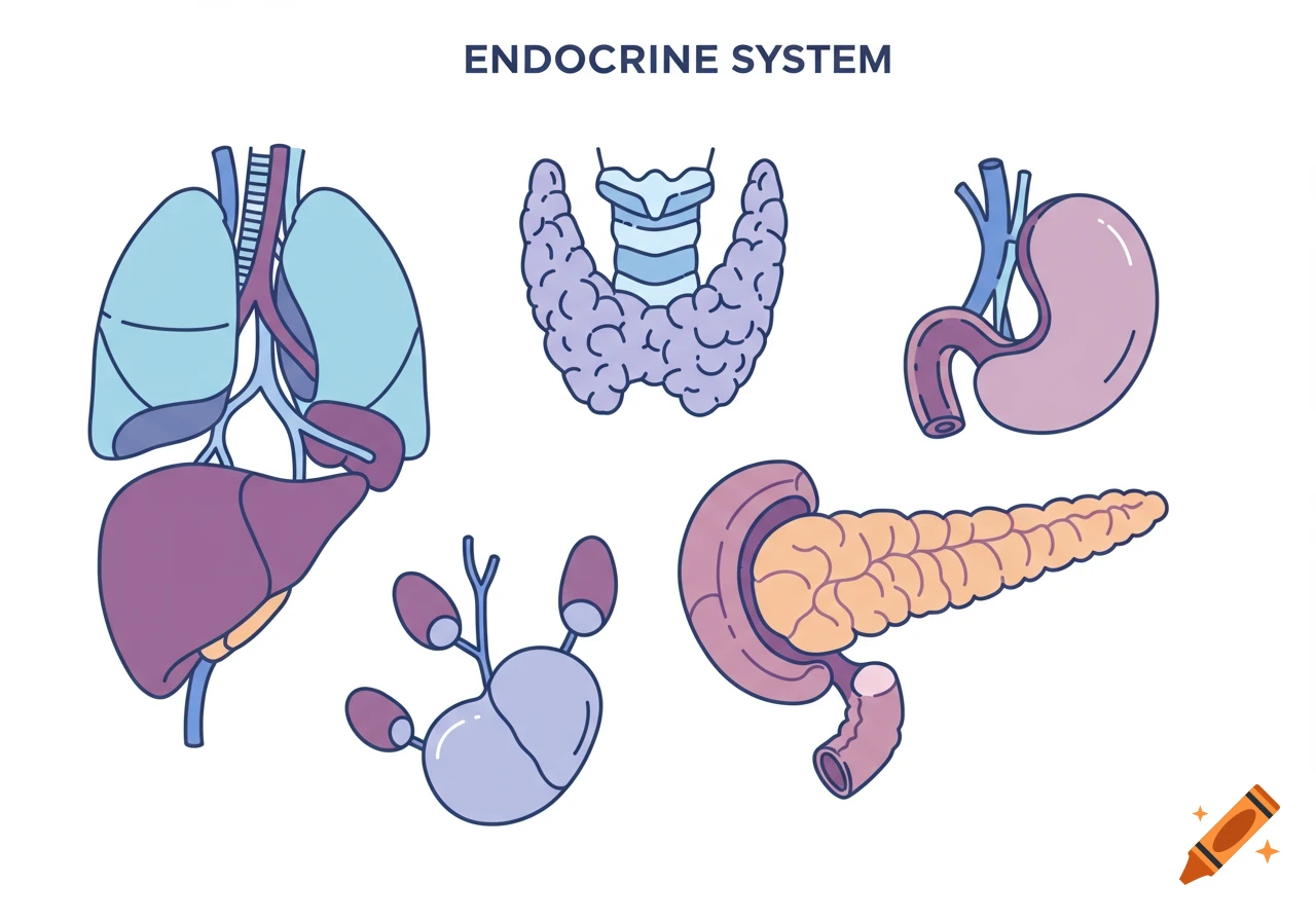 Flat vector illustration of various human organs including the thyroid, pancreas, stomach, and adrenal glands, representing the endocrine system.