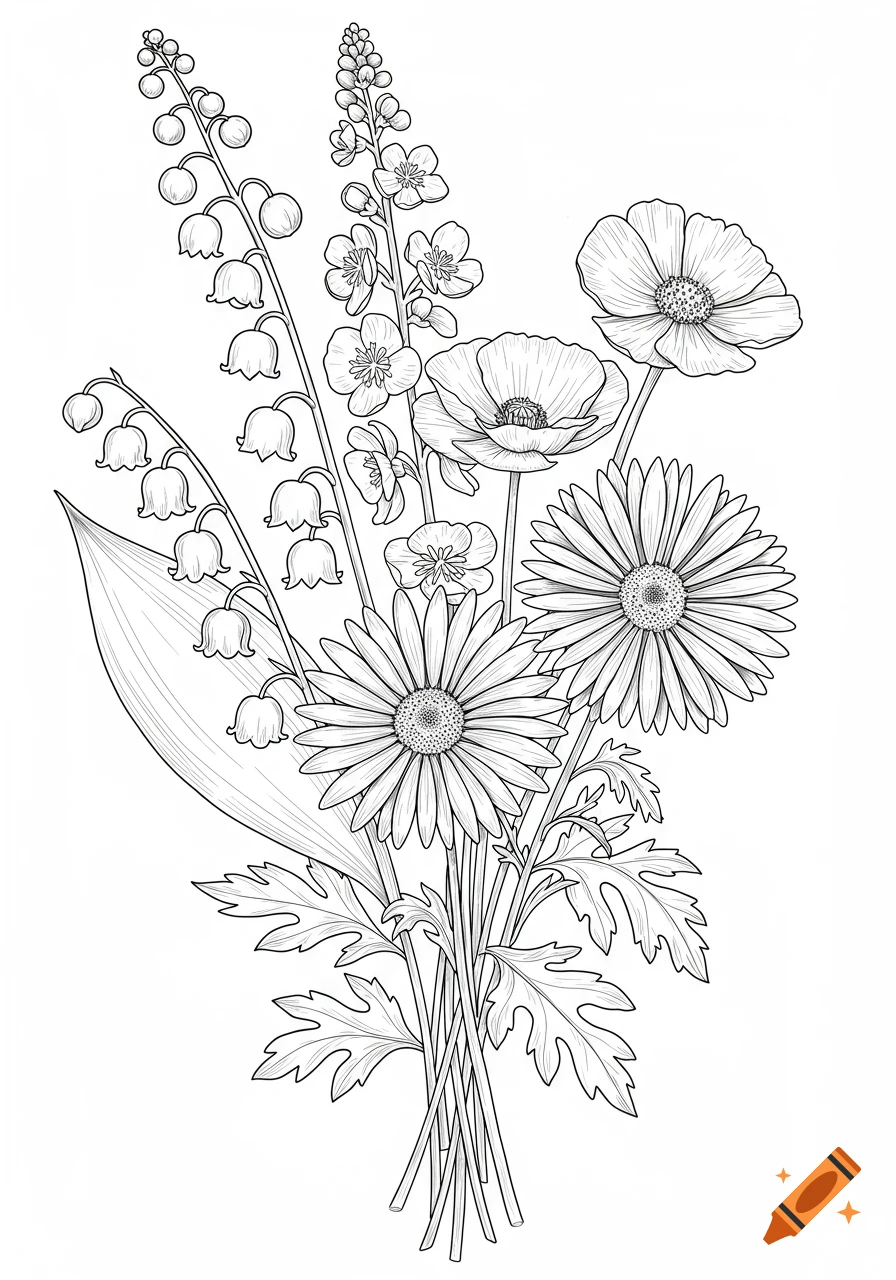 Line drawing of a bouquet featuring lilies of the valley, daisies, larkspurs, and poppies against a white background.