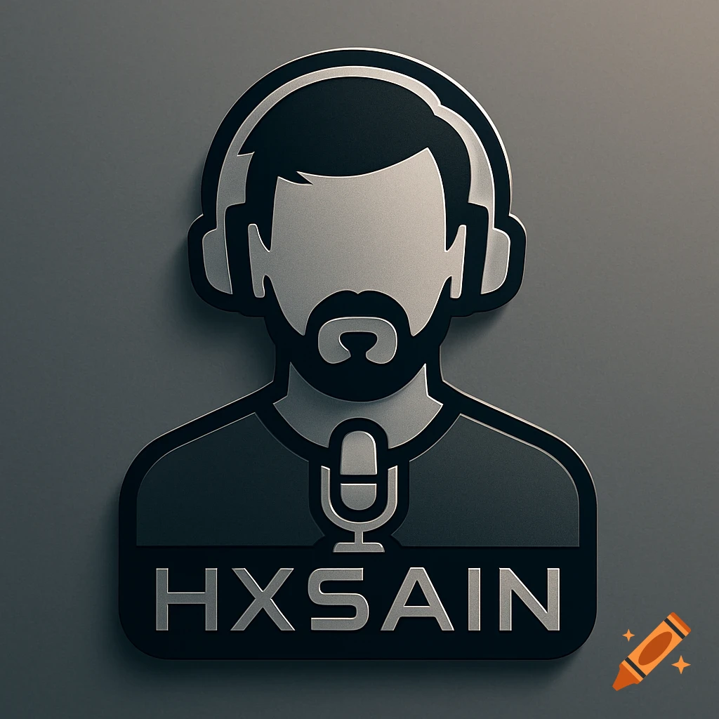 A stylized dark metallic icon of a person with a beard, headphones, and a microphone, with the text HXŠAIN below.