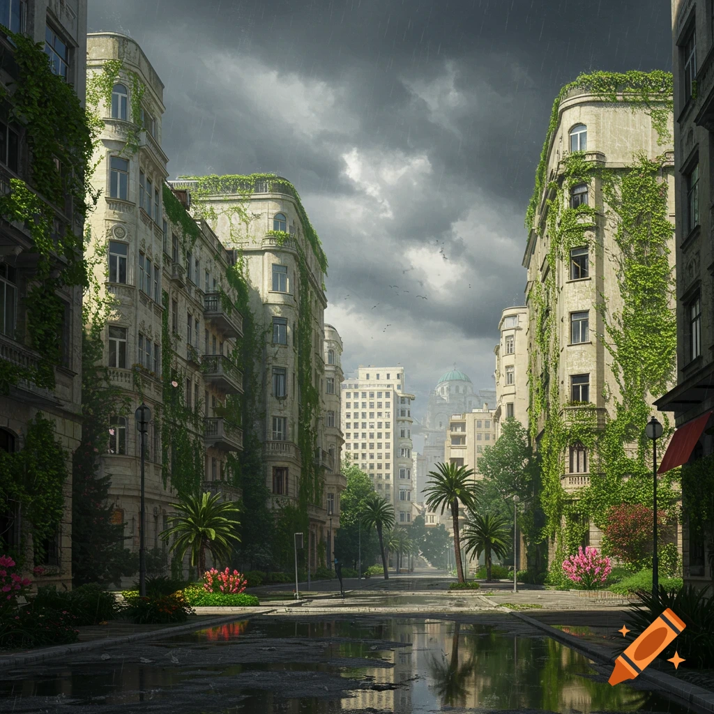 Rainy, photorealistic cityscape with overgrown buildings, palm trees, and puddles reflecting a dramatic sky.