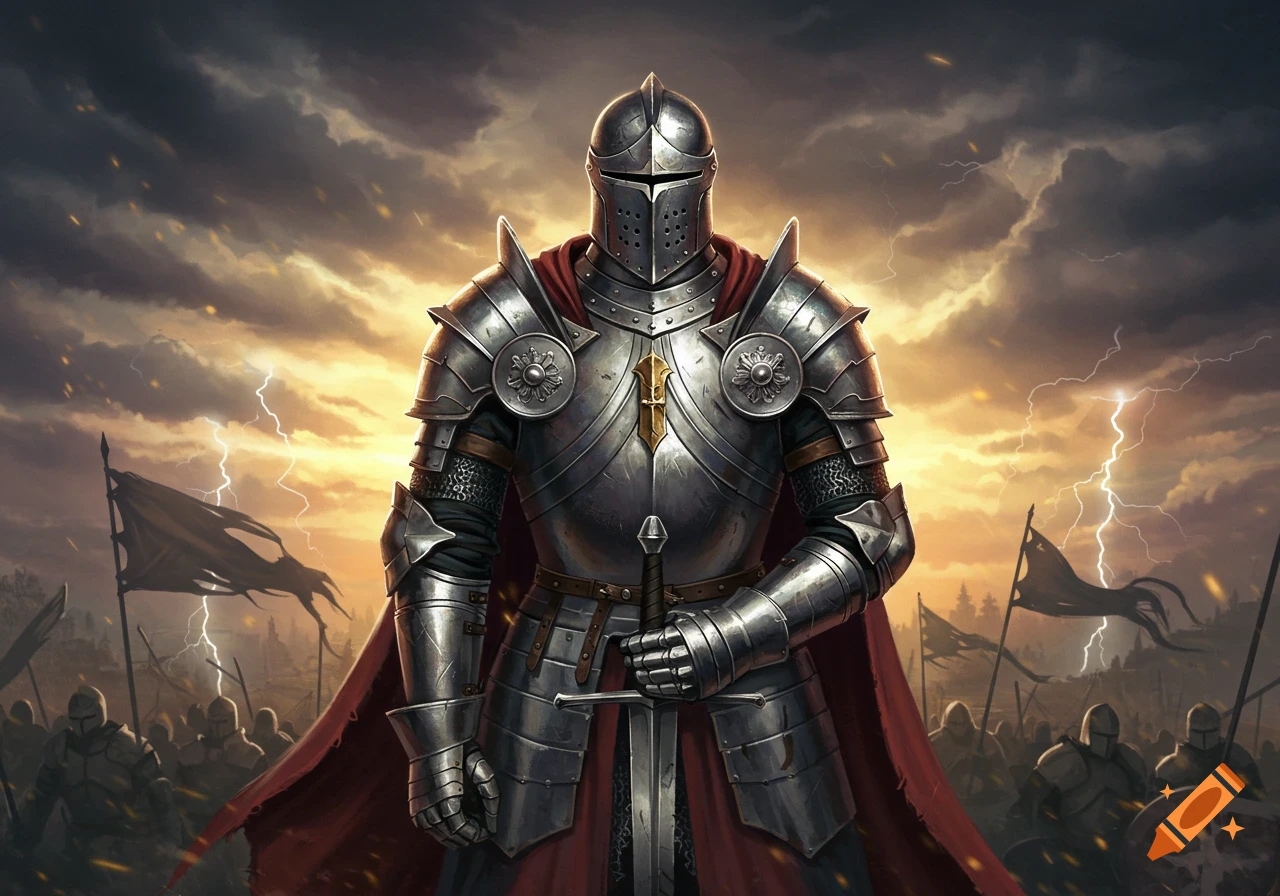 A heavily armored knight stands on a battlefield under a stormy sky with lightning, holding a sword.
