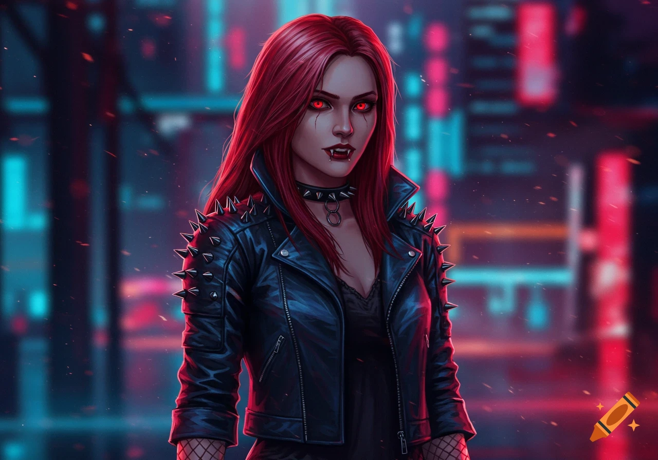 An animated red-haired vampire woman with glowing red eyes and fangs, wearing a studded leather jacket and fishnets, against a neon cyberpunk city background.