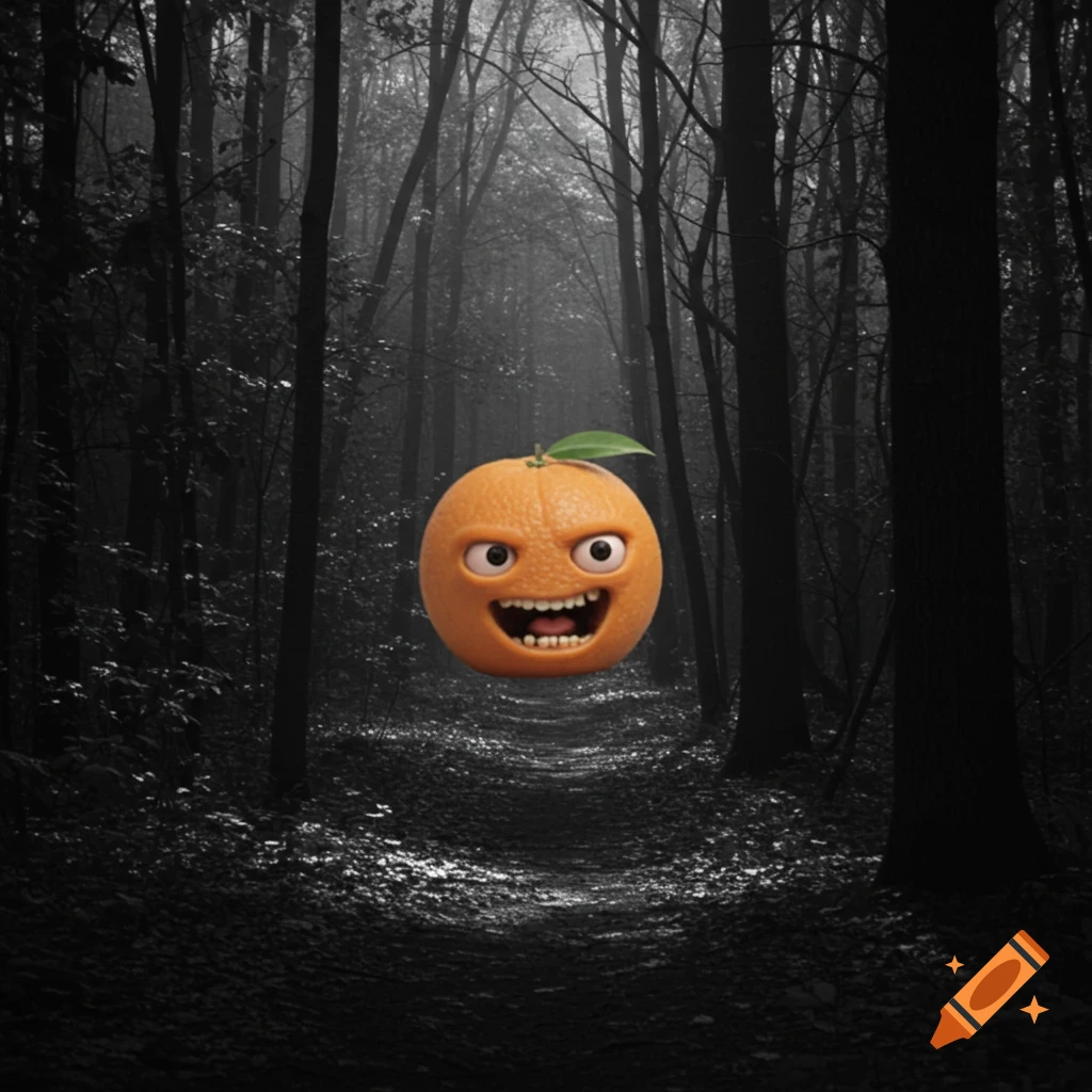 The Annoying Orange character with a wide grin floats through a dark, grayscale forest path.