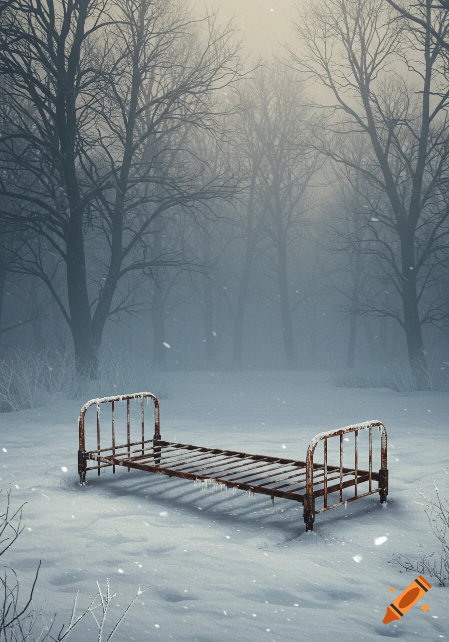 An old, rusty metal bed frame, partially covered in ice, stands in a snowy, misty winter forest with bare trees.