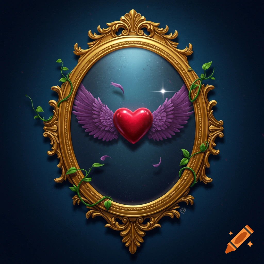A shining red heart with purple wings centered in an ornate golden oval mirror, adorned with green vines and a small white star, on a dark blue background.