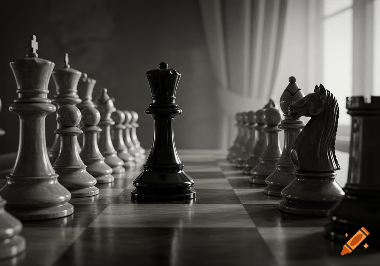 A dramatic black and white shot of a chess board, with a black queen in the foreground surrounded by other pieces.
