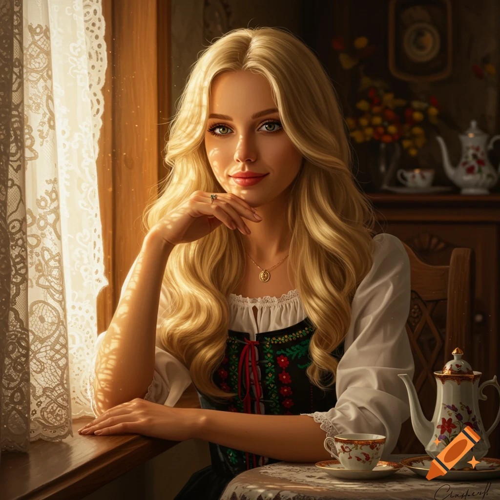 Photorealistic portrait of a blonde woman with hazel eyes in a traditional embroidered dress, sitting by a sunlit window with a tea set.