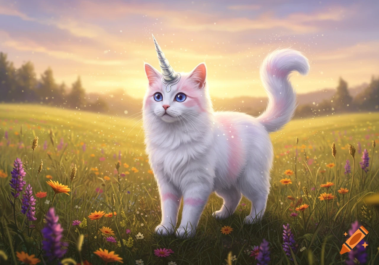 A fluffy white cat unicorn with pink stripes and blue eyes stands in a colorful flower field at sunset, with sparkling dust.