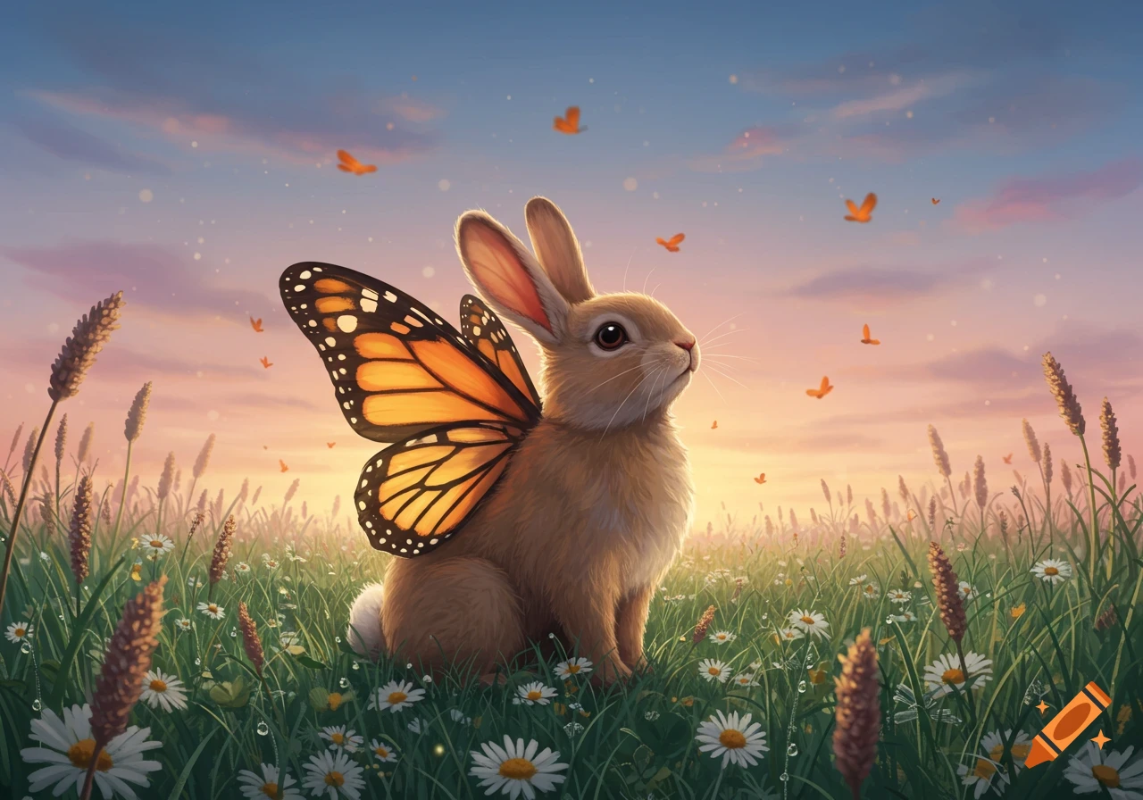 A fluffy brown bunny with monarch butterfly wings sits in a field of green grass and white daisies at sunset.