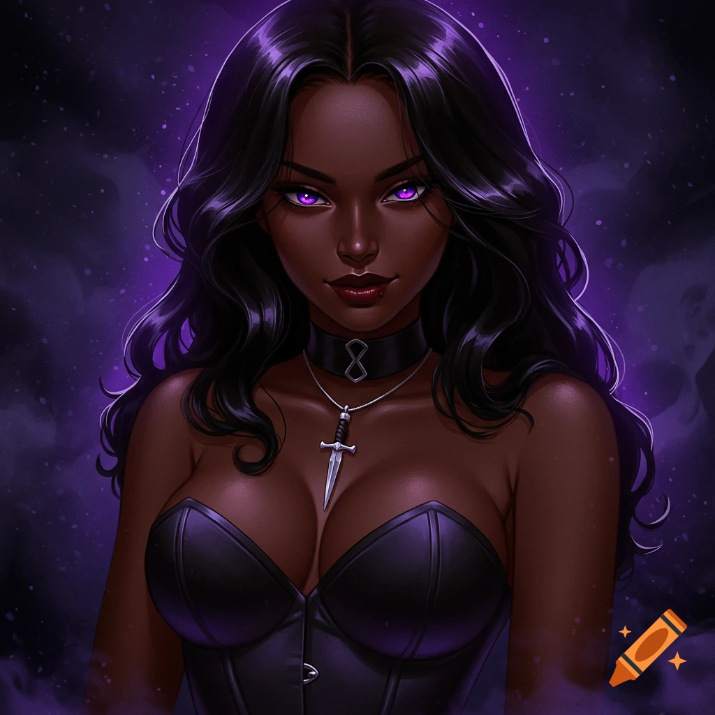Digital art portrait of a dark-skinned woman with purple eyes, long black hair, wearing a black corset and a dagger pendant, against a smoky purple background.