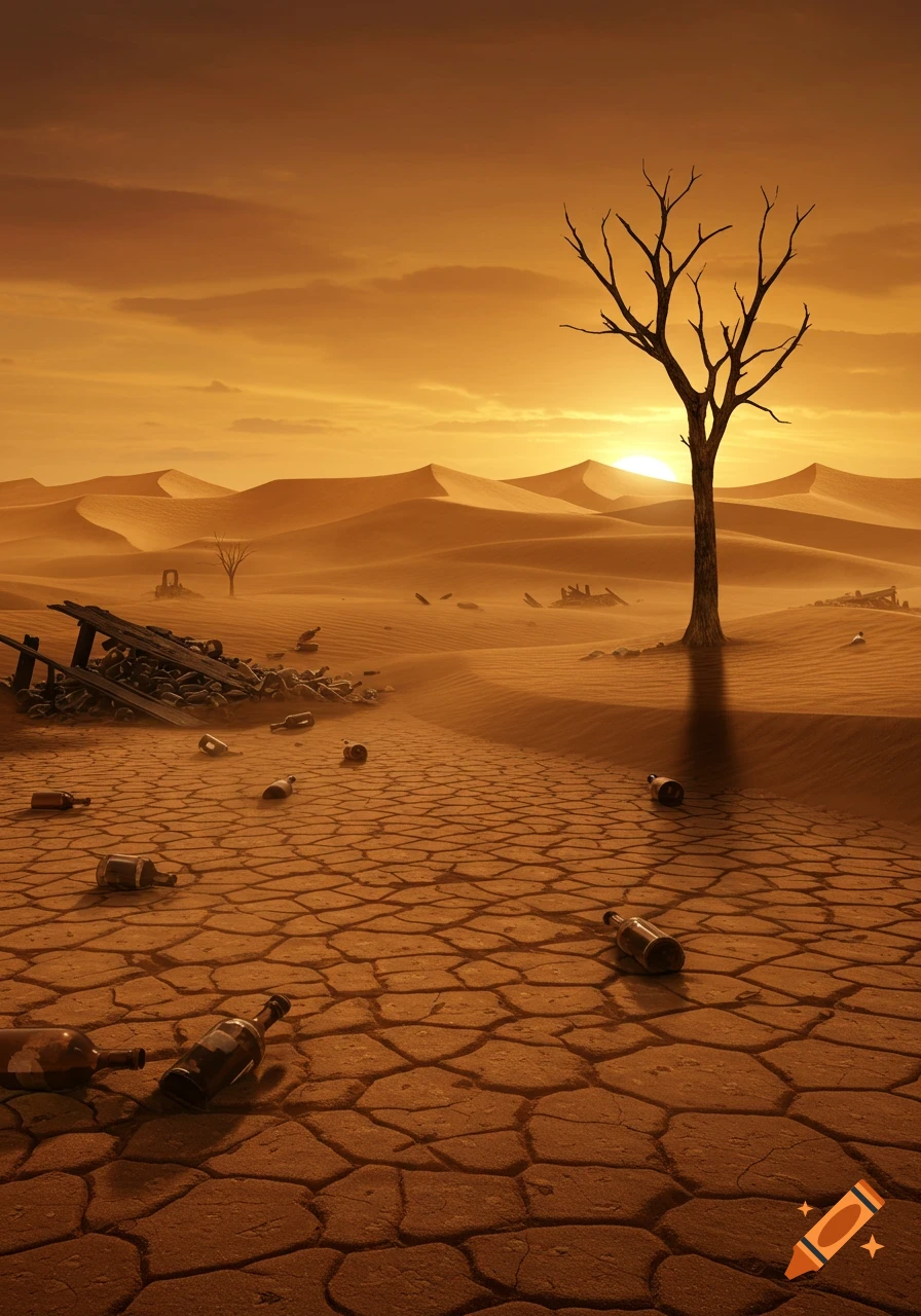 A desolate cracked desert landscape under an orange sky at sunset, with a barren tree and scattered empty bottles.