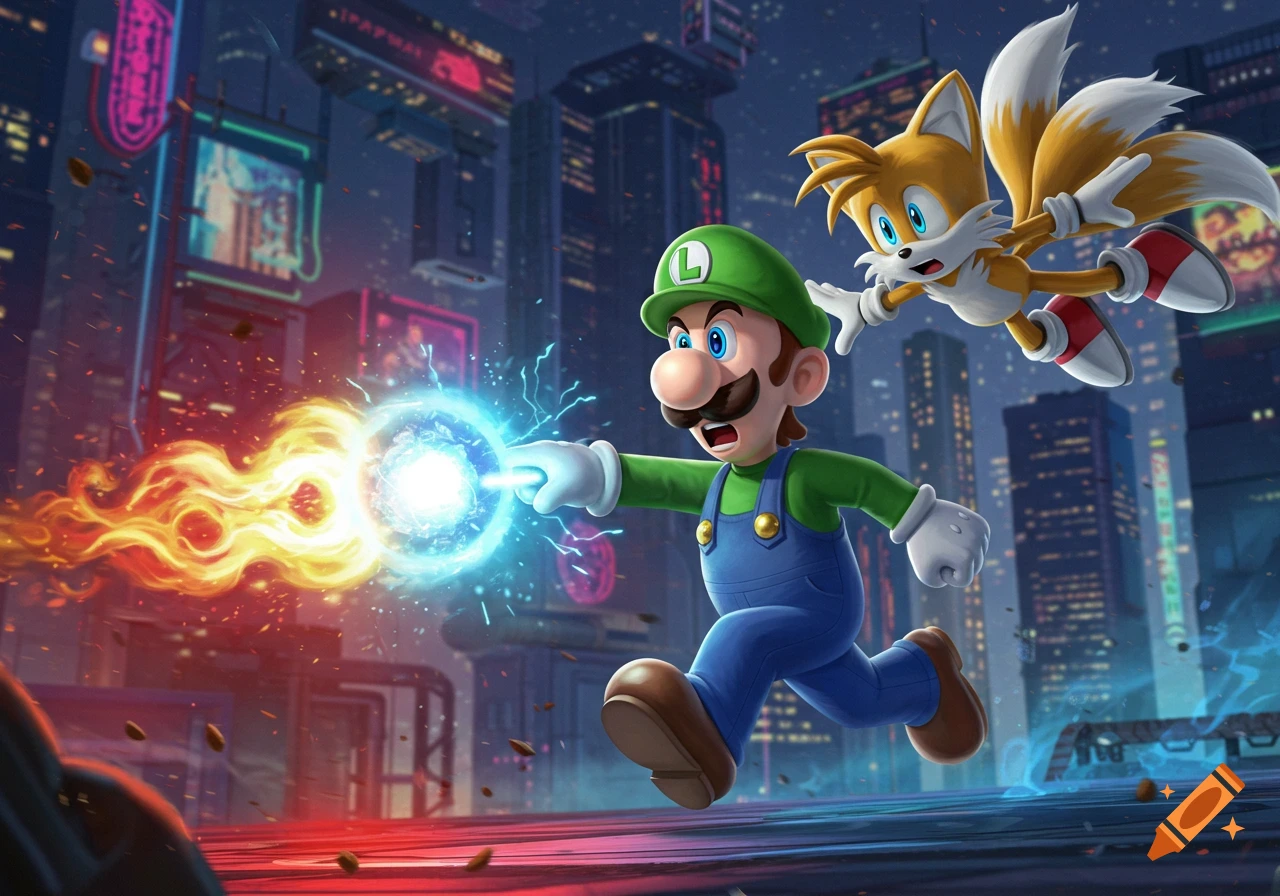 Luigi runs and shoots a blue energy blast with a fiery trail as Tails flies behind him, against a vibrant neon city at night.
